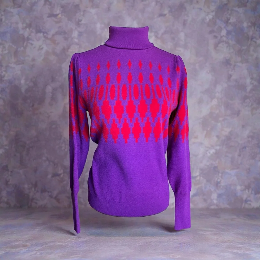 Ann Taylor Fair Isle Turtleneck Sweater Small Purple Red Knit‎ Winter Cozy